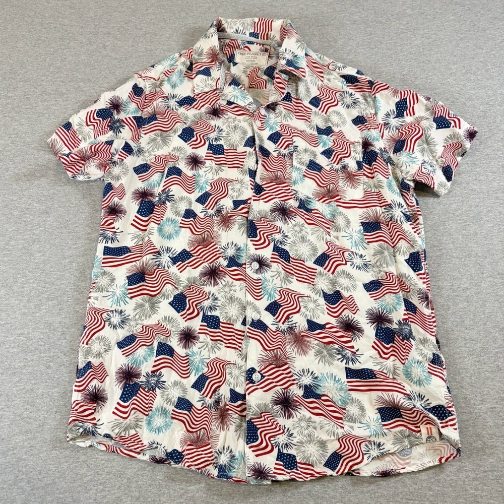 Free Planet Button Up Shirt Mens Medium White American Flag Fireworks America